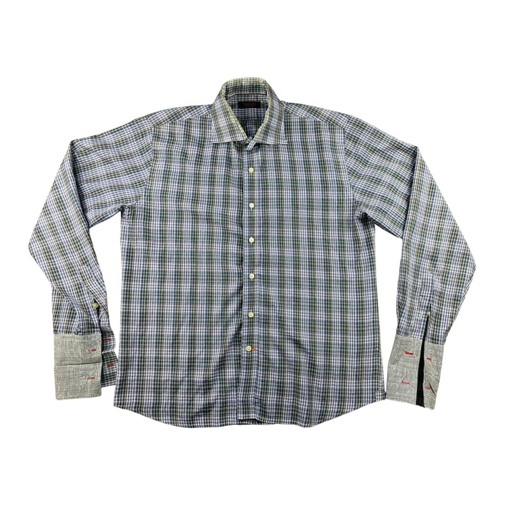 Takumi Japan Button Front Shirt Men L Blue Purple Plaid Long Sleeve Cotton Blend